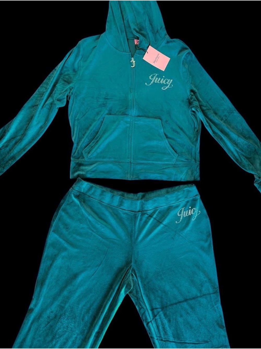 NWT Juicy Couture Teal Velour Rhinestone Tracksuit Set Size XL